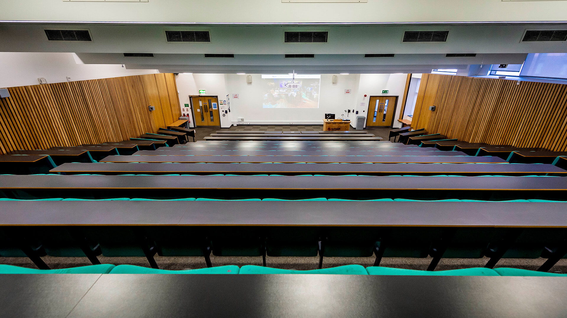 A lecture theatre in De Montfort University’s Hugh Aston building