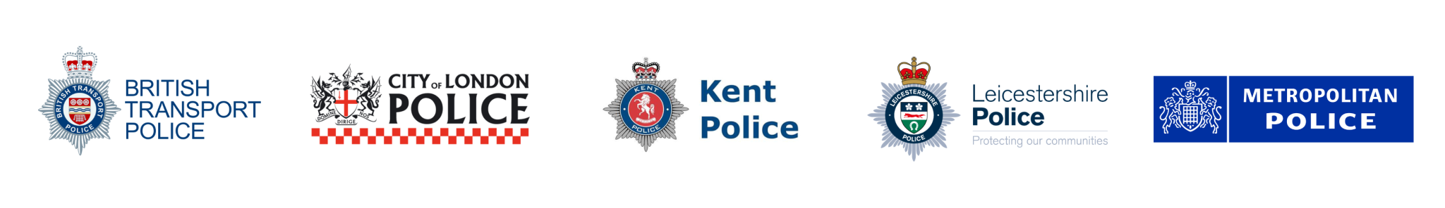 Five Police force logos - British Transport Police, City of London Police, Kent Police, Leceistershire Police, Metropolitan Police